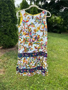 Vintage Colorful Navy Floral Border Print Sleeveless Dress